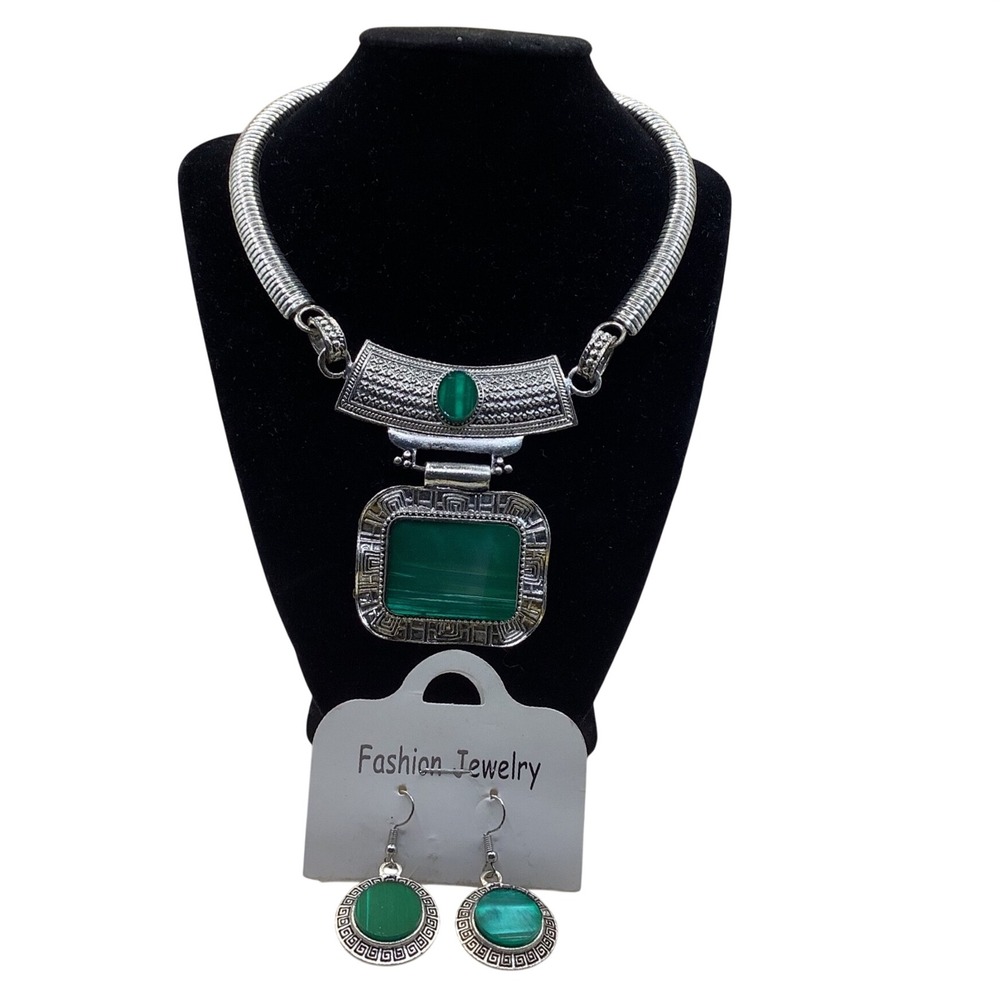 Vintage Style Silver Green Faux Malachite Statement Necklace and Earring Set